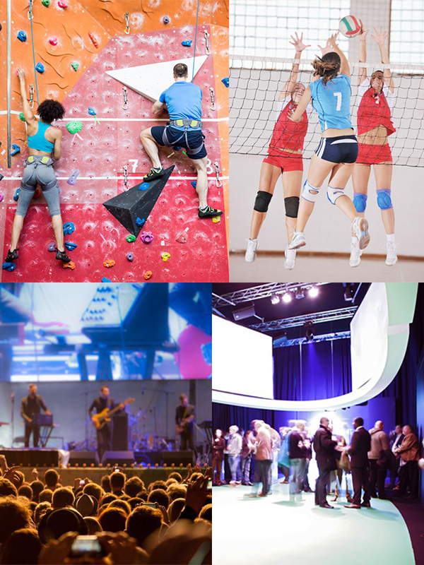 Image of rock climbers, volleyball players, music concert and trade show